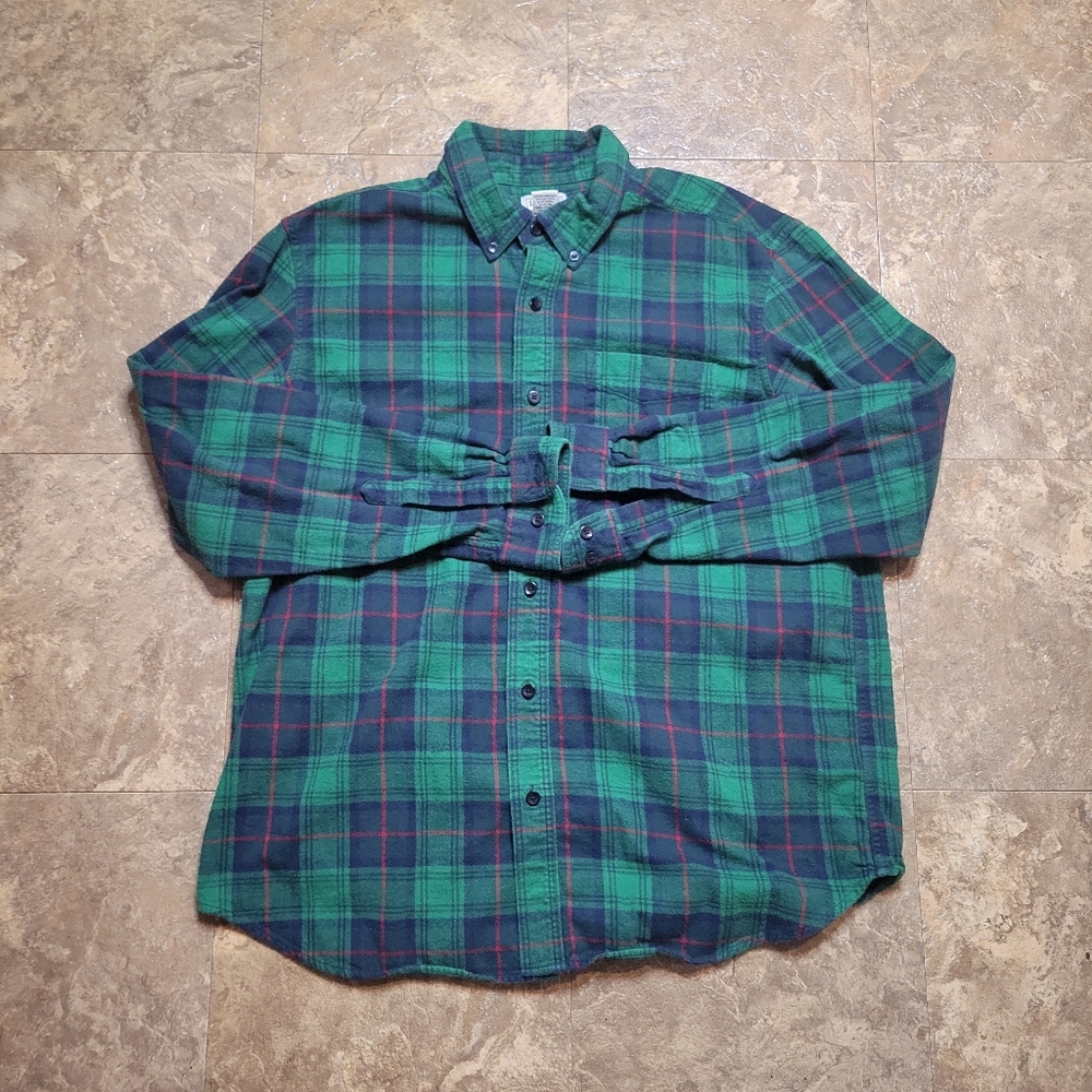 L.L. Bean Scotch Plaid Flannel Shirt Mens Large L Green Classic Outdoor